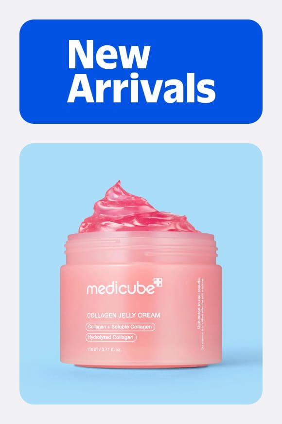 A pink jar of Medicube jelly cream is displayed against a light blue background.