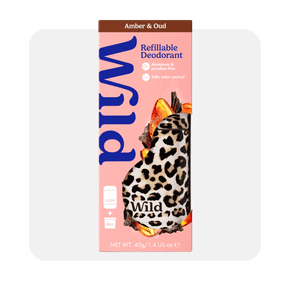 Image shows a Wild refillable deodorant starter pack with a leopard-patterned case on a white background.