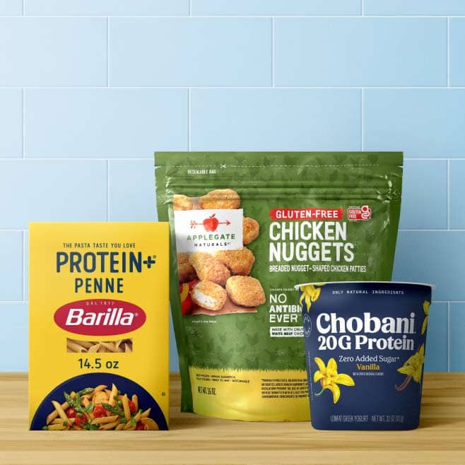 Barilla protein penne, Applegate Naturals gluten-free chicken nuggets, Chobani 20G protein sugar-free vanilla yogurt.