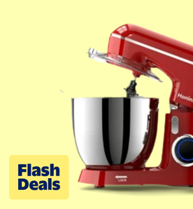 Image shows a red Honinst stand mixer with a silver bowl on a yellow background.