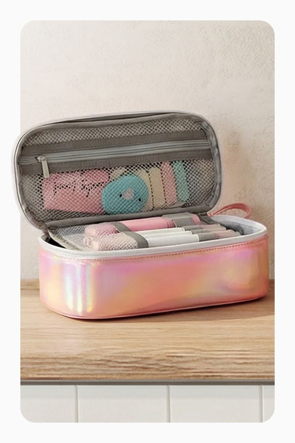 A packed pink pencil case.