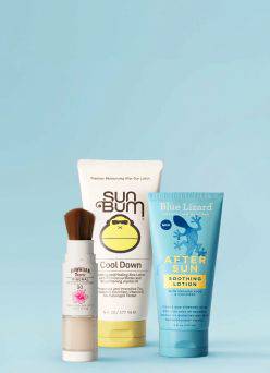 Sun protection lotions and an after sun lotion on a blue background.