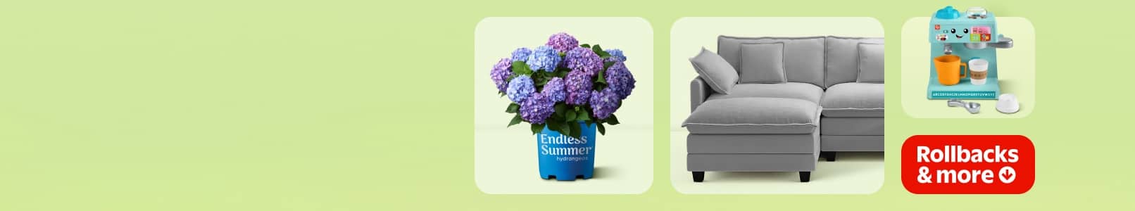 Flowers, couch, coffee maker toy. Lockup reads: Rollbacks and more.