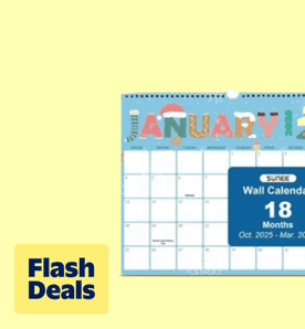 Image shows a colorful SUNEE wall calendar for 2026 with a big grid and notes section, displayed on a light yellow background.