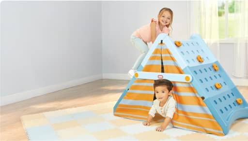 A climbing toy & two children. Text says: Let the fun begin. Little Tikes newbies. Shop now.