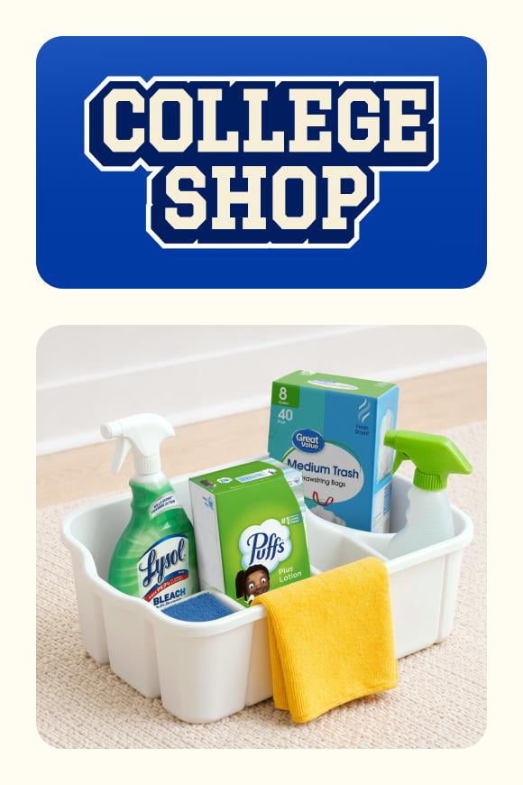 College Shop banner. Lysol disinfecting spray, medium trash bags, puffs tissue paper, and a terry cloth towel in a cleaning caddy.