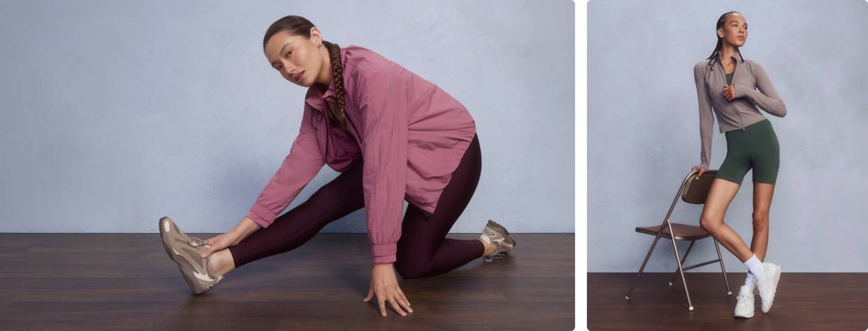 Women in activewear sets featuring a dusty pink windbreaker with plum leggings, and a taupe zip jacket with green biker shorts.