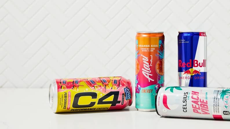 Cans of C4, Alani, Red Bull and Celsius energy drinks are shown.