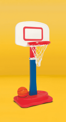 Image shows a multicolored Play Day adjustable basketball goal with a basketball on a yellow background.