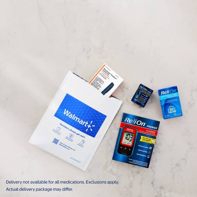 A Walmart prescription, ReliON blood glucose monitor and test strips are shown.