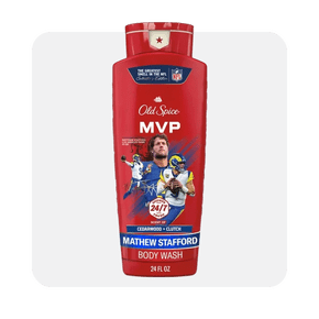 Image shows a red bottle of Old Spice Matthew Stafford Body Wash from the NFL Collection with Cedarwood scent on a white background.