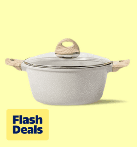 Image shows a beige Carote non-stick pot with wooden handles on a light yellow background.