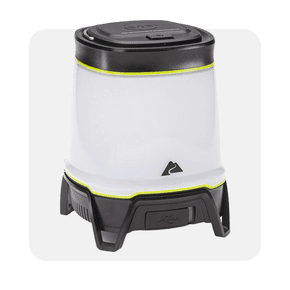 Image features a green and gray Ozark Trail 4000-lumen rechargeable LED lantern with Qi wireless charging and four light modes.