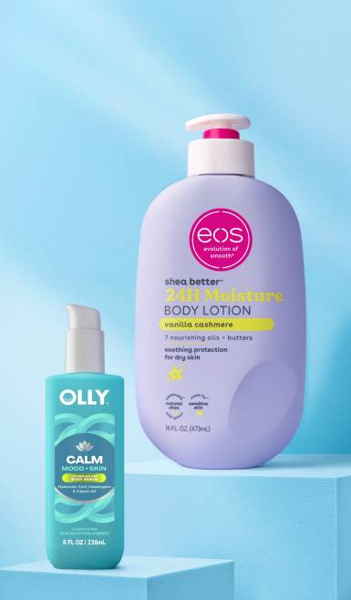 eos body lotion alongside OLLY calm mood body oil.