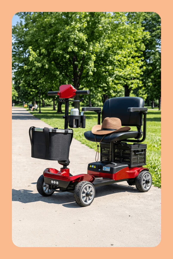 A mobility scooter on a sunny sidewalk.