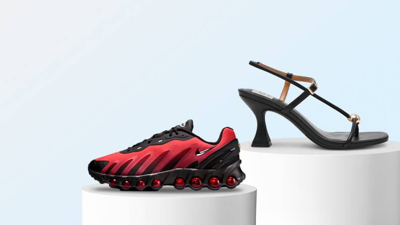 A Nike sneaker and DV by Docle Vita sandal are on white risers.