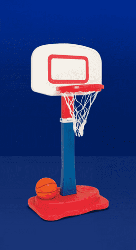 Image shows a red, blue and white Play Day adjustable basketball goal with an orange ball on a blue background.