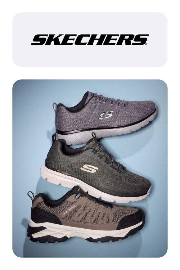 Stacked row of Skechers trail shoes including grey mesh sneakers and brown rugged sneakers.