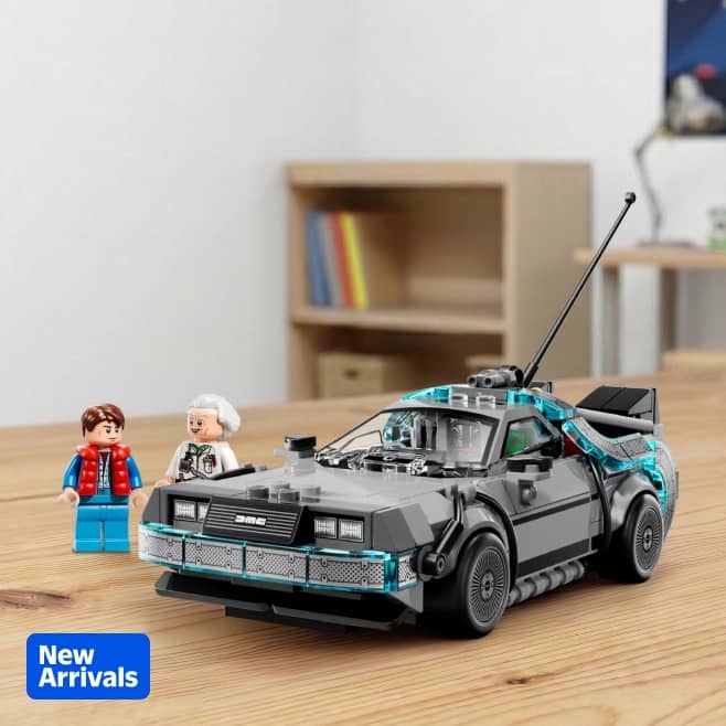New arrivals badge. Lego Back To The Future time machine with Doc Brown and Marty McFly mini figures on a table.
