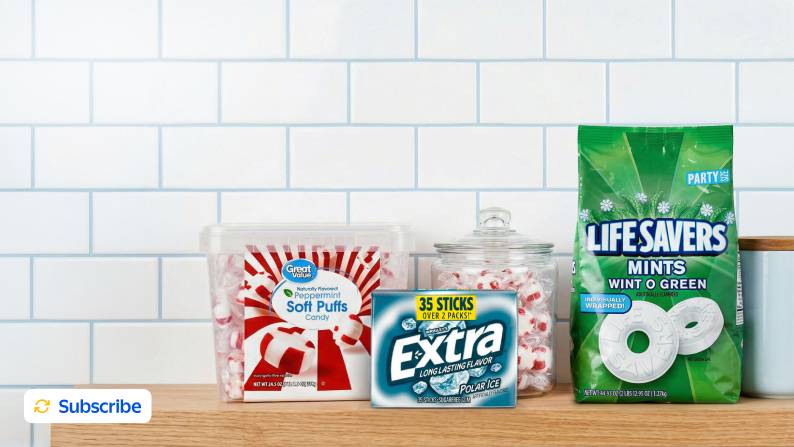 Great Value soft puffs peppermint candy, Extra polar ice gum, and Lifesavers wint-o-green mints on a wooden counter against a tile backsplash.