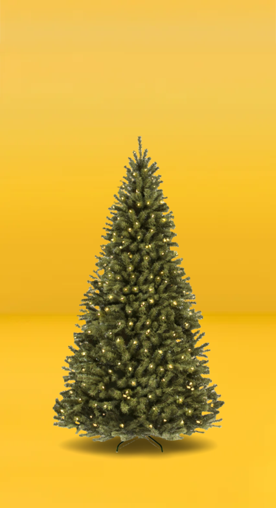 Image shows a green spruce artificial Christmas tree with lights from Best Choice Products on a yellow background.