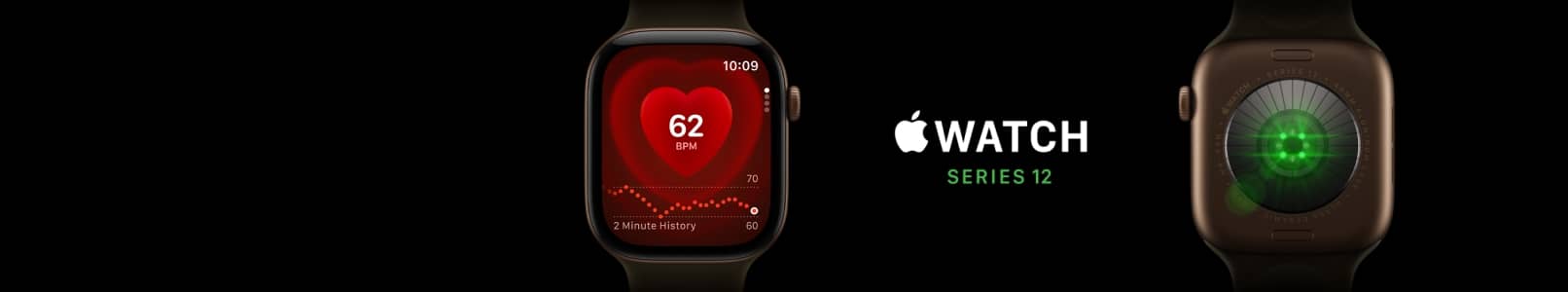 Apple Watch Series 12 with red heart rate screen showing sixty two bpm and waveform, next to watch back with green sensor light.