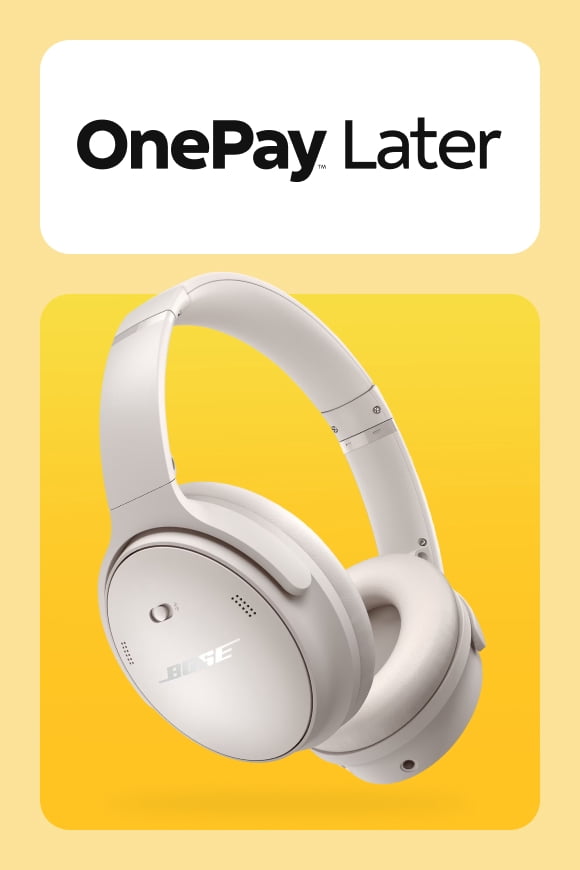 Silver headphones on a blue background. OnePay Later.