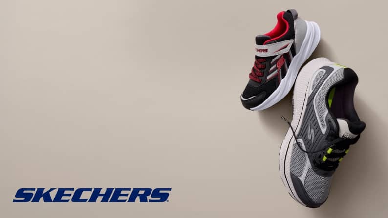 Two Skechers sneakers: one is red, black, white and grey. The other is grey, black and white.