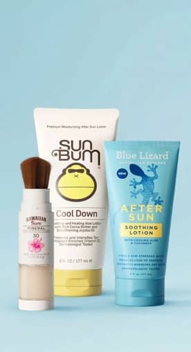 Sun protection lotions and an after-sun lotion on a blue background.