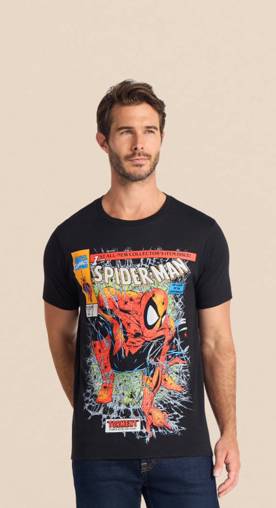 A man wears a black t-shirt with a colorful Spider-Man comic graphic and blue jeans.