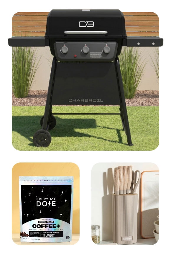 A barbeque, a bag of coffee, and a stylish utensil container filled with spoons.