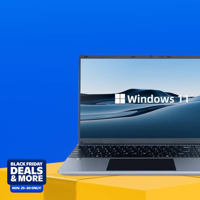 Black Friday Deals and more. Eleven twenty-five to thirty. Image shows a Windows 11 laptop.