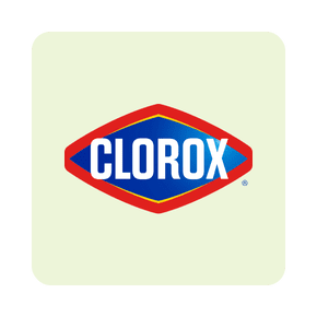 Image shows Clorox logo with a red diamond-shaped outline and blue center on a light cream background.