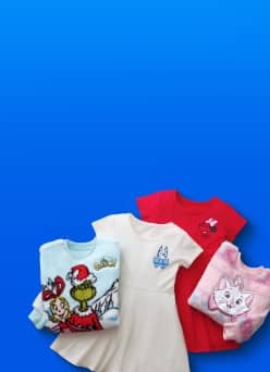 Bluey white dress, Minni Mouse red dress, The Grinch sweater and Marie from Aristocats sweater.