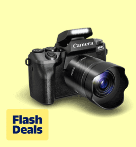 Image shows a black XLURC digital camera on a light yellow background.