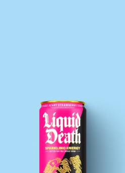 A can of scary strawberry Liquid Death sparkling energy is shown against a blue background.