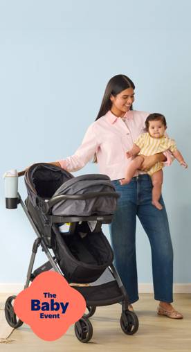 The Baby Event badge. A mom is holding a baby standing alongside a black stroller.