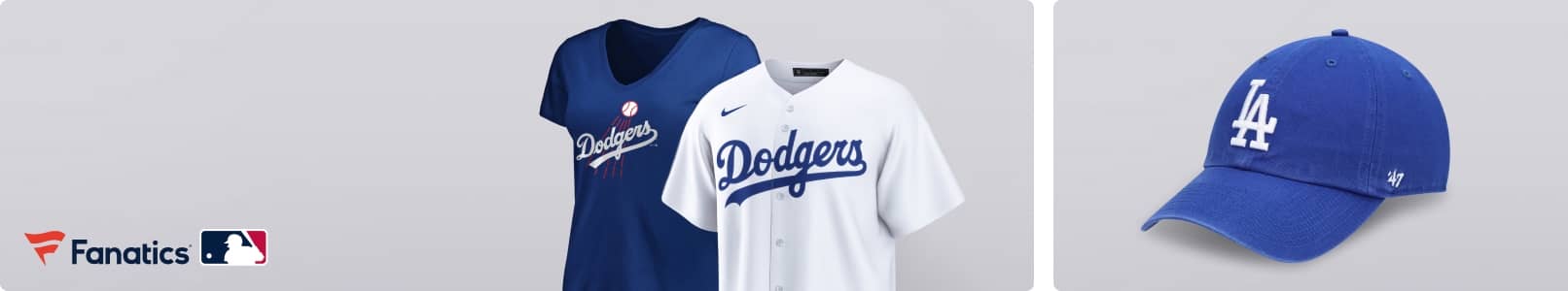 Women’s royal Cooperstown collection Huntington logo V-neck T-shirt, men’s Nike white home replica team jersey and royal adjustable hat are shown.