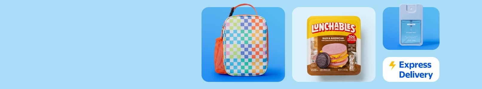 Express Delivery. Checkered lunch tote, Lunchables snack pack and hand sanitizer on blue background.