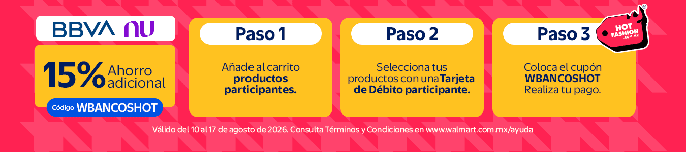 Débito BBVA & NU +15%. Vigencia 10 al 7 de agosto.1. Añade al carrito productos participantes. 2. Selecciona tus productos a una Tarjeta de Débito Participante. 3. Coloca el cupón WBANCOSHOT en tu carrito. Realiza tu pago