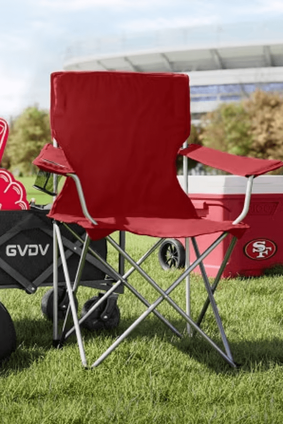 Image shows red tailgating folding chair