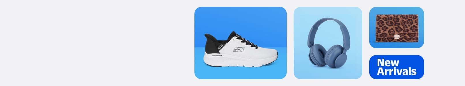 A white sneaker, blue headphones and a leopard-print wallet are displayed in separate blue panels.