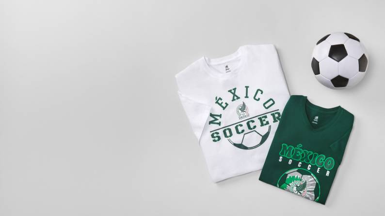 Image of team Mexico graphic t-shirts & a soccer ball.