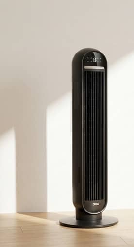 A sleek standing fan.