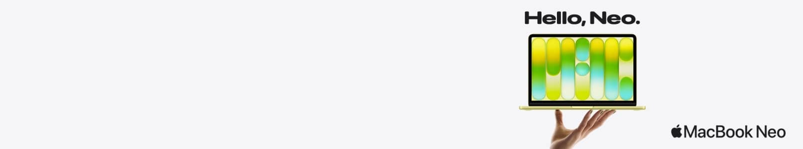 Hello, Neo tagline. Hand holding a MacBook Neo in citrus.