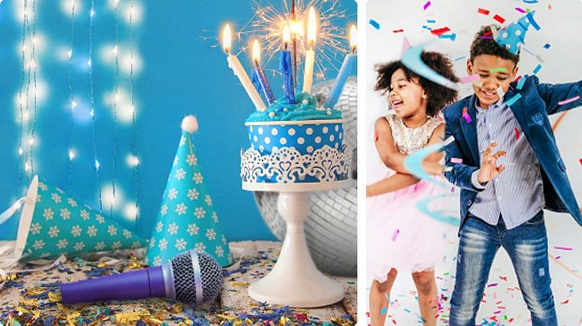 Blue birthday setup with cake and hats. Two kids dance surrounded by colorful confetti.