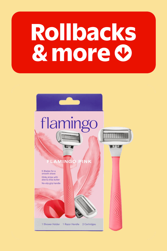 Image shows Flamingo Women's Razor Shaving Set with Razor Handle and 5-Blade Razor Cartridges, Pink, 4 Piece