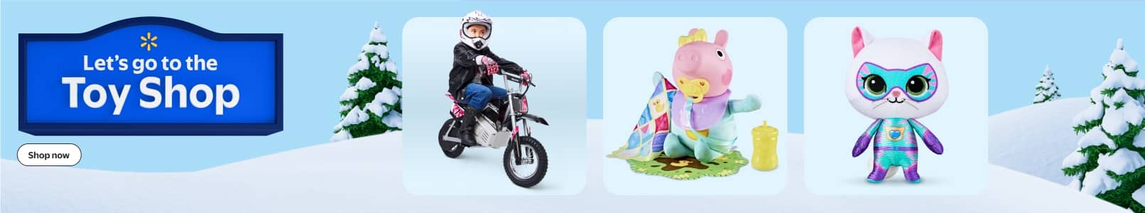 Badge that reads Let’s go to the Toy Shop. Child on an electric Razor bike, Baby Evie Pepa Pig doll and set, and superhero cat plush toy shown.