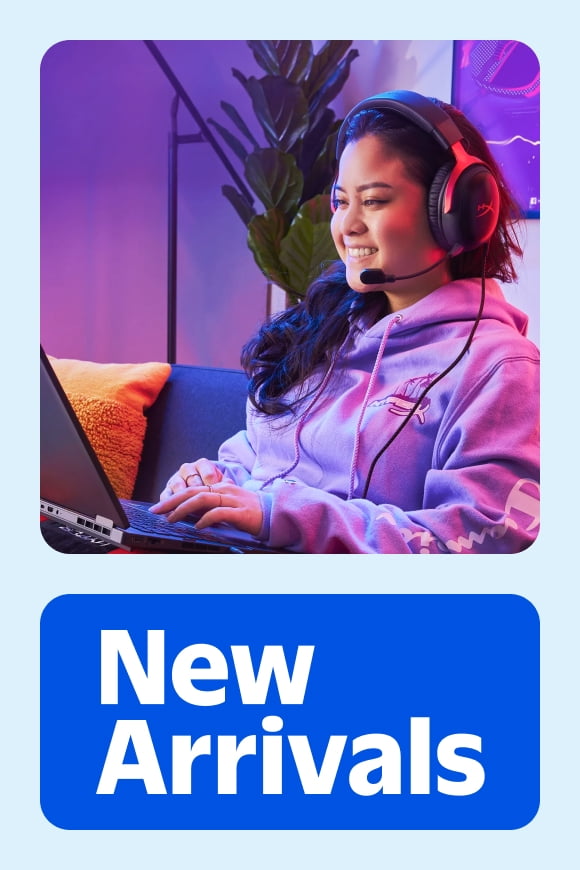 Woman shown at laptop wearing headset alongside new arrivals banner.