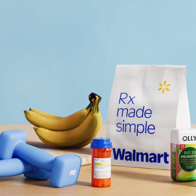 Prescription bag, medication, bananas, hand weights and wellness items.